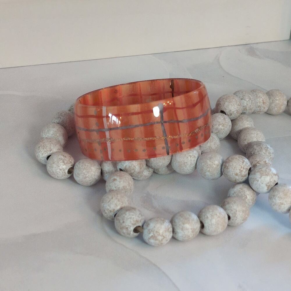 Fun-Loving Vintage 1980s Orange You Glad Acrylic Plaid 1" Wide Bangle Bracelet